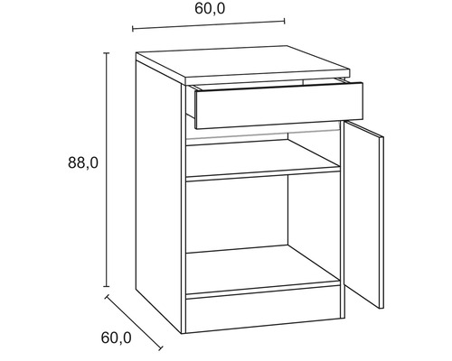 Schéma technique d''un meuble de salle de bains avec tiroir, porte et dimensions de 60 x 60 x 88 centimètres