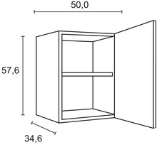Technische Zeichnung eines Hängeschranks mit den Maßen 50,0 x 57,6 x 34,6 Zentimeter