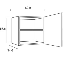 Zeichnung eines Hängeschranks mit den Maßen 60,0 x 57,6 x 34,6 cm