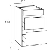 Dessin d''un meuble bas avec trois tiroirs et indications de dimension