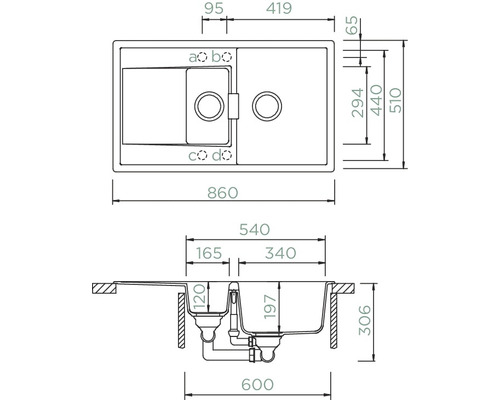 Dimensions d''un évier avec égouttoir, vue de dessus et vue latérale avec indications de dimensions