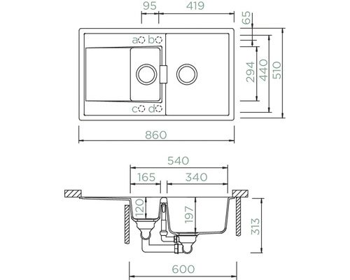 Technische Zeichnung einer Küchenspüle mit Becken und Abtropffläche inklusive Maßangaben