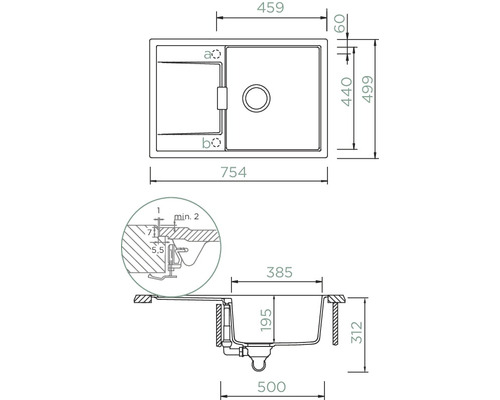 Technische Zeichnung einer Spüle mit Maßangaben