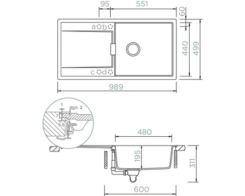 Dessin technique d''un évier avec indications de dimensions