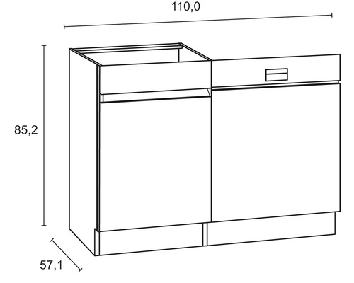 Schéma d''un meuble sous-lavabo avec tiroir et dimensions 110,0 x 85,2 x 57,1 cm.