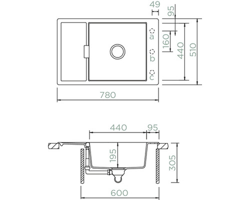 Technische Zeichnung einer Küchenspüle mit Abmessungen