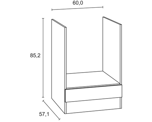 Technische Zeichnung eines Unterschranks mit den Maßen 60,0 x 85,2 x 57,1 Zentimeter.
