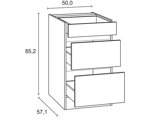 Dessin technique d''un meuble bas avec trois tiroirs et indications de dimensions.