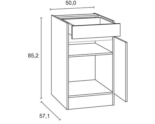 Dessin d''un meuble bas avec tiroir, porte et dimensions.