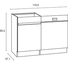 Skizze eines Waschbeckenunterschranks mit den Maßen 110,0 x 85,2 x 57,1 cm.