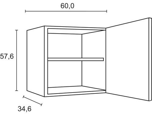 Technische Zeichnung eines Hängeschranks mit den Maßen 60,0 x 57,6 x 34,6 cm.