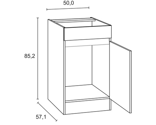 Zeichnung eines Küchenunterschranks mit den Maßen 50,0 x 57,1 x 85,2 cm