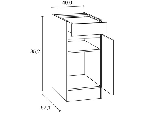 Dessin technique d''un meuble bas de cuisine avec tiroir et porte ainsi que les dimensions