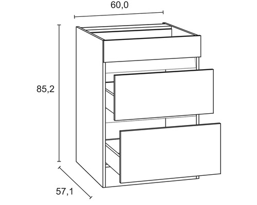 Dessin d''un meuble sous-vasque avec deux tiroirs et dimensions