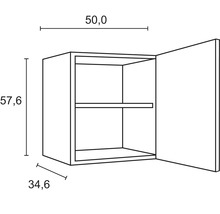 Technische Zeichnung eines Hängeschranks mit den Maßen 50,0 x 57,6 x 34,6 cm.