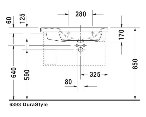 Schéma technique d''un lavabo avec dimensions.