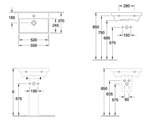 Dessin technique d'un lavabo avec indications de dimensions