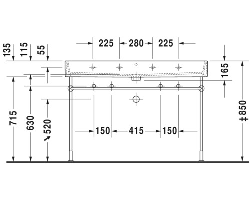 Technische Zeichnung eines Waschtischs mit Maßen