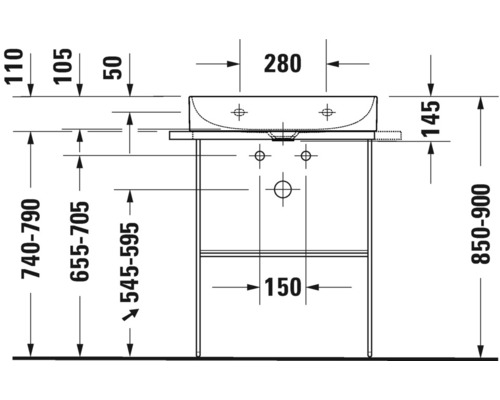 Maßzeichnung eines Waschtisches mit den Maßen Höhe 740 bis 790 Millimeter, Tiefe 545 bis 595 Millimeter und Breite 280 Millimeter.
