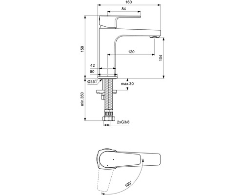 Technische Zeichnung einer Armatur mit Maßangaben