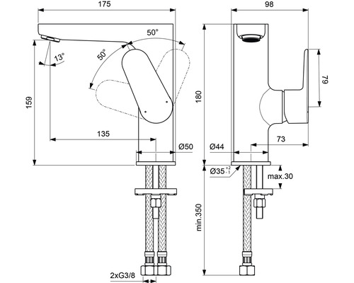 Technische Zeichnung einer Armatur mit Maßangaben