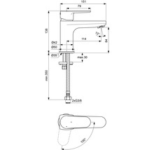 Schéma technique d''un robinet avec indications de dimension.
