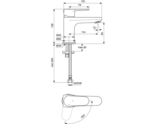 Schéma technique d''un robinet avec indications de dimension.
