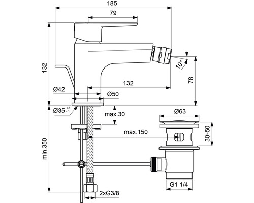 Schéma technique d''un robinet de bidet avec dimensions