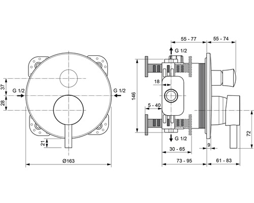 Technische Zeichnung einer Unterputz Armatur mit Maßangaben