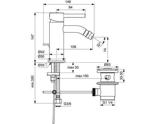 Schéma technique d''un robinet de bidet avec dimensions