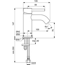 Schéma technique d''un robinet avec indications de dimensions