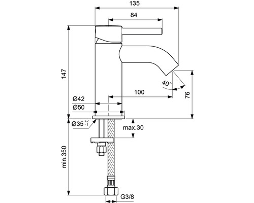 Schéma technique d''un robinet avec indications de dimensions