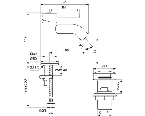 Technische Zeichnung eines Wasserhahns mit Maßangaben