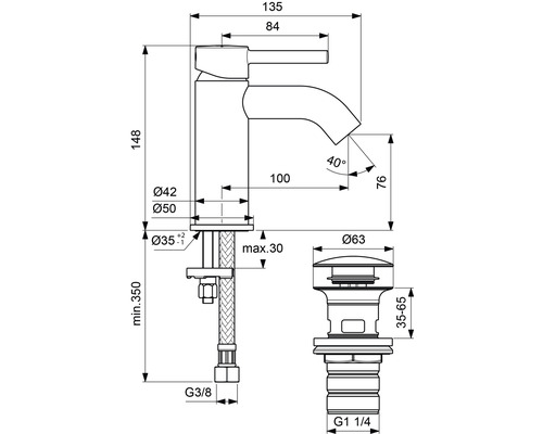 Dessin technique d''un robinet de lavabo avec dimensions