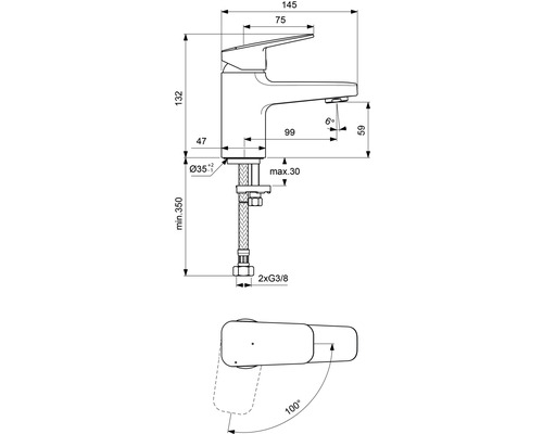 Technische Zeichnung einer Armatur mit Maßangaben.
