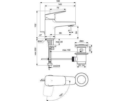 Schéma technique d''un robinet de lavabo avec dimensions
