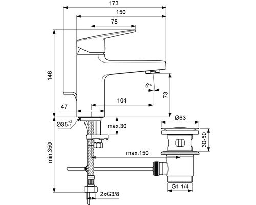 Dessin technique d''un robinet de lavabo avec dimensions