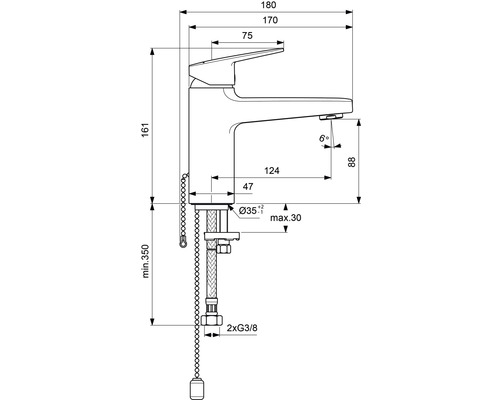 Schéma technique d''un robinet avec indications de dimension