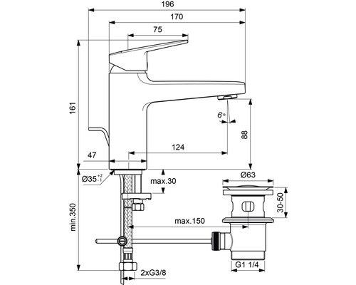 Schéma technique d''un robinet de lavabo avec indications de dimensions