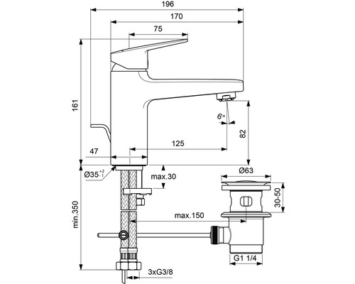 Technische Zeichnung einer Armatur mit Maßangaben