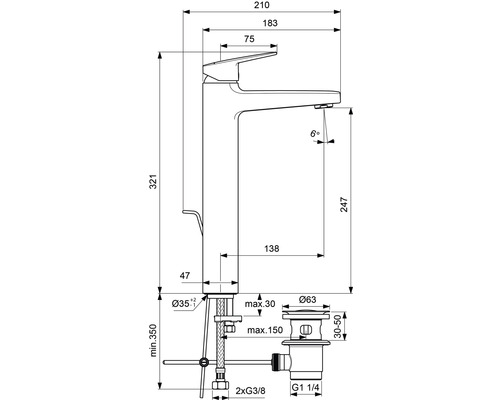 Technische Zeichnung eines Waschbeckenmischers mit Maßangaben