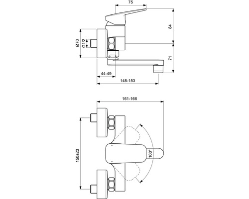 Schéma technique d''un robinet avec dimensions.