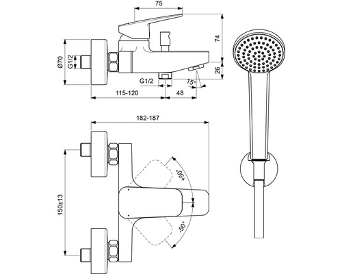 Dessin technique d''un robinet de douche avec douchette et indications de dimensions.