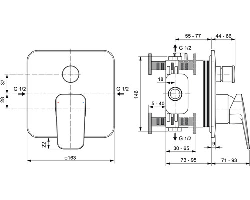 Technische Zeichnung einer Unterputzarmatur mit Maßangaben.