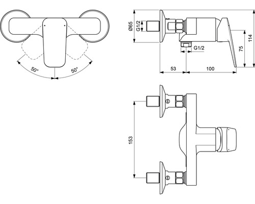 Technische Zeichnung einer Wandarmatur mit Maßangaben