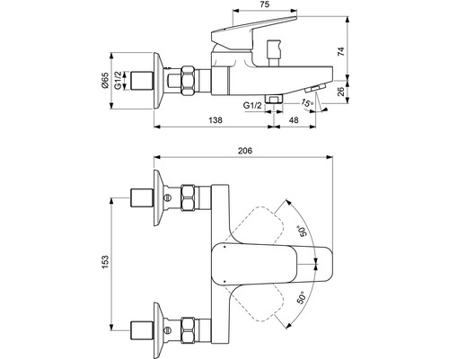 Technische Zeichnung einer Armatur mit Maßangaben