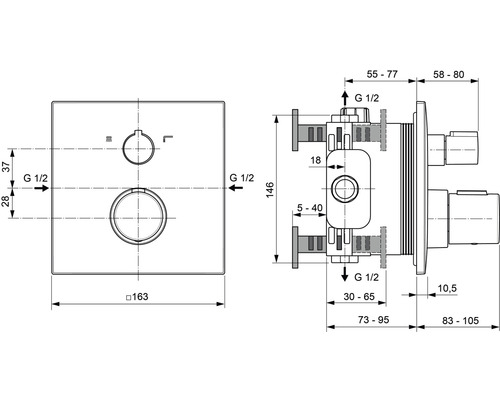Schéma technique d''un robinet encastré avec indications de dimensions