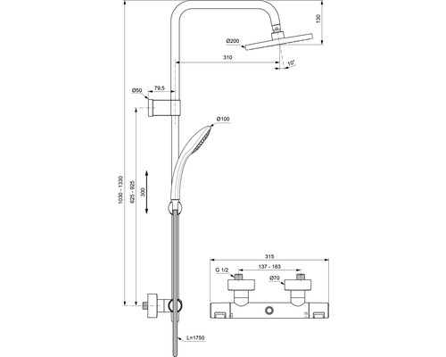 Schéma technique d''un robinet de douche avec douche de tête et douchette à main, ainsi que des indications de dimensions.