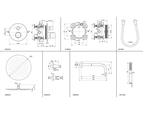 Technische Zeichnungen verschiedener Sanitärprodukte mit Massangaben
