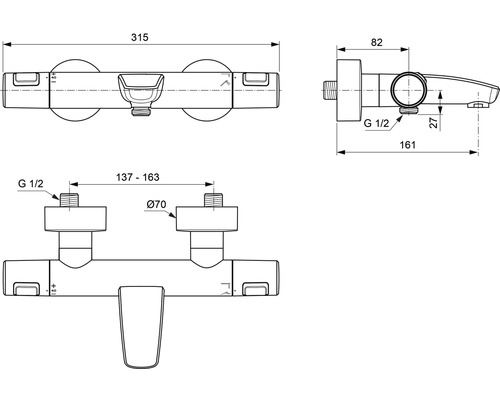 Schéma technique d''un robinet apparent avec dimensions